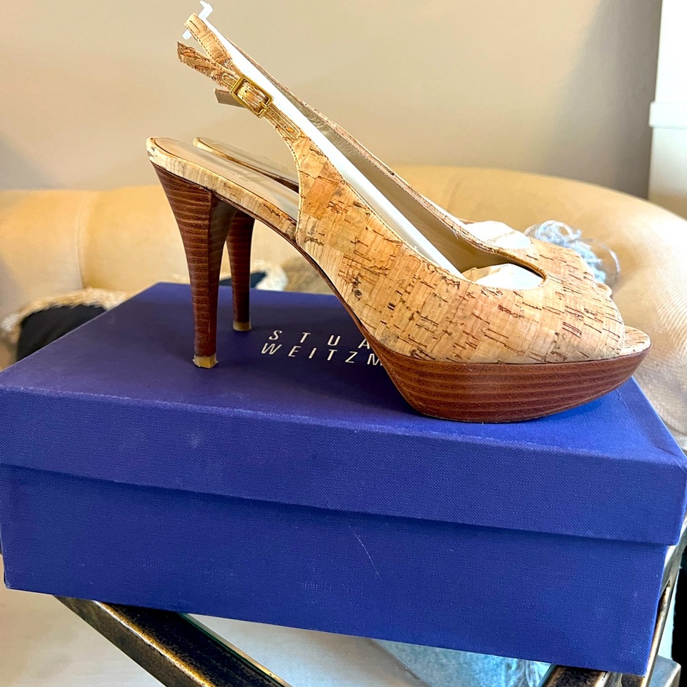 Stuart Weitzman cork sling backs peek a boo toe 4 inch heels